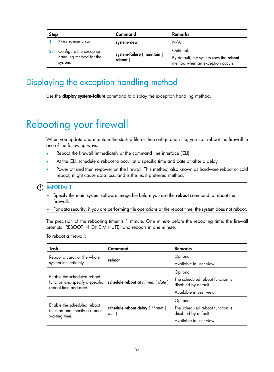 Displaying the exception handling method, Rebooting your firewall | H3C Technologies H3C SecPath F1000-E User Manual | Page 65 / 95