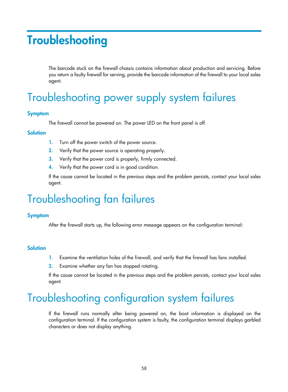 Troubleshooting, Troubleshooting power supply system failures, Symptom | Solution, Troubleshooting fan failures, Troubleshooting configuration system failures | H3C Technologies H3C SecPath F1000-E User Manual | Page 66 / 95