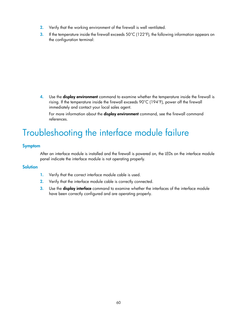 Troubleshooting the interface module failure, Symptom, Solution | H3C Technologies H3C SecPath F1000-E User Manual | Page 68 / 95