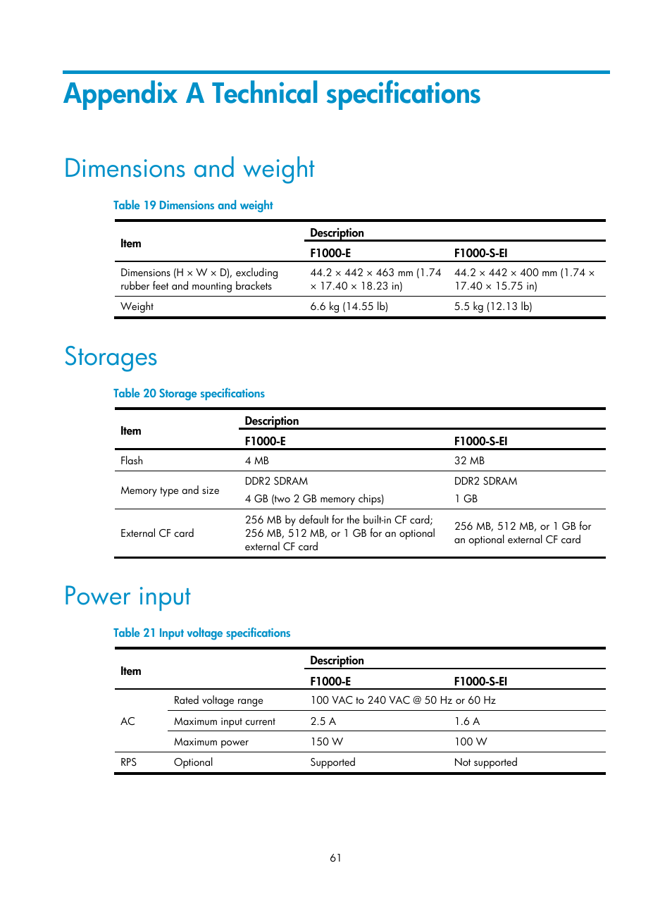 Appendix a technical specifications, Dimensions and weight, Storages | Power input | H3C Technologies H3C SecPath F1000-E User Manual | Page 69 / 95