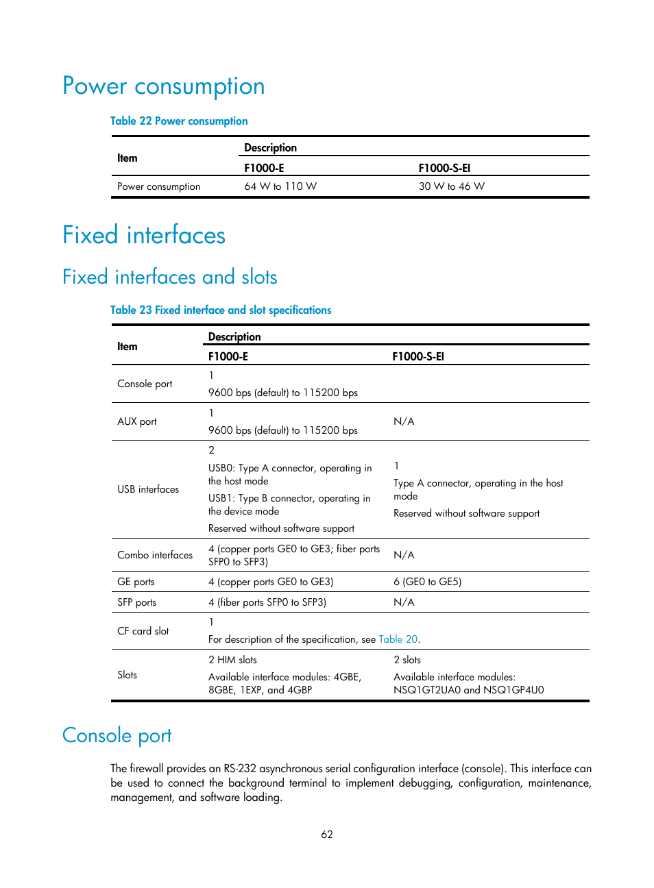 Power consumption, Fixed interfaces, Fixed interfaces and slots | Console port | H3C Technologies H3C SecPath F1000-E User Manual | Page 70 / 95