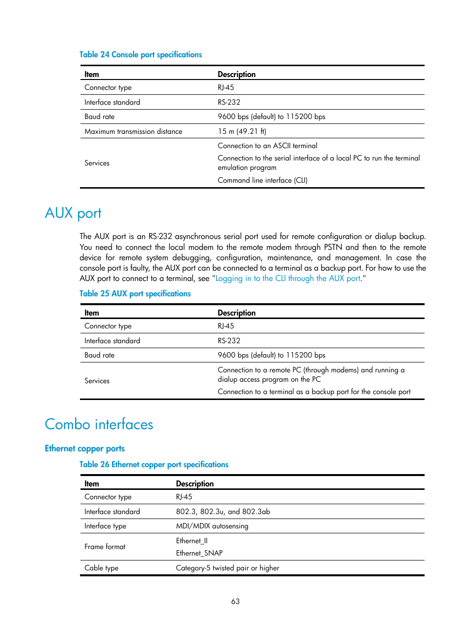 Aux port, Combo interfaces, Ethernet copper ports | H3C Technologies H3C SecPath F1000-E User Manual | Page 71 / 95