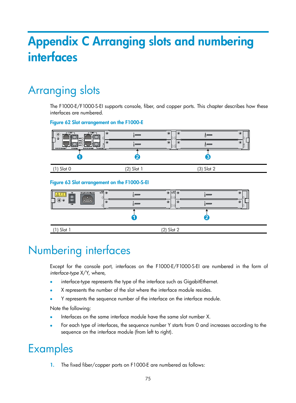 Arranging slots, Numbering interfaces, Examples | H3C Technologies H3C SecPath F1000-E User Manual | Page 83 / 95