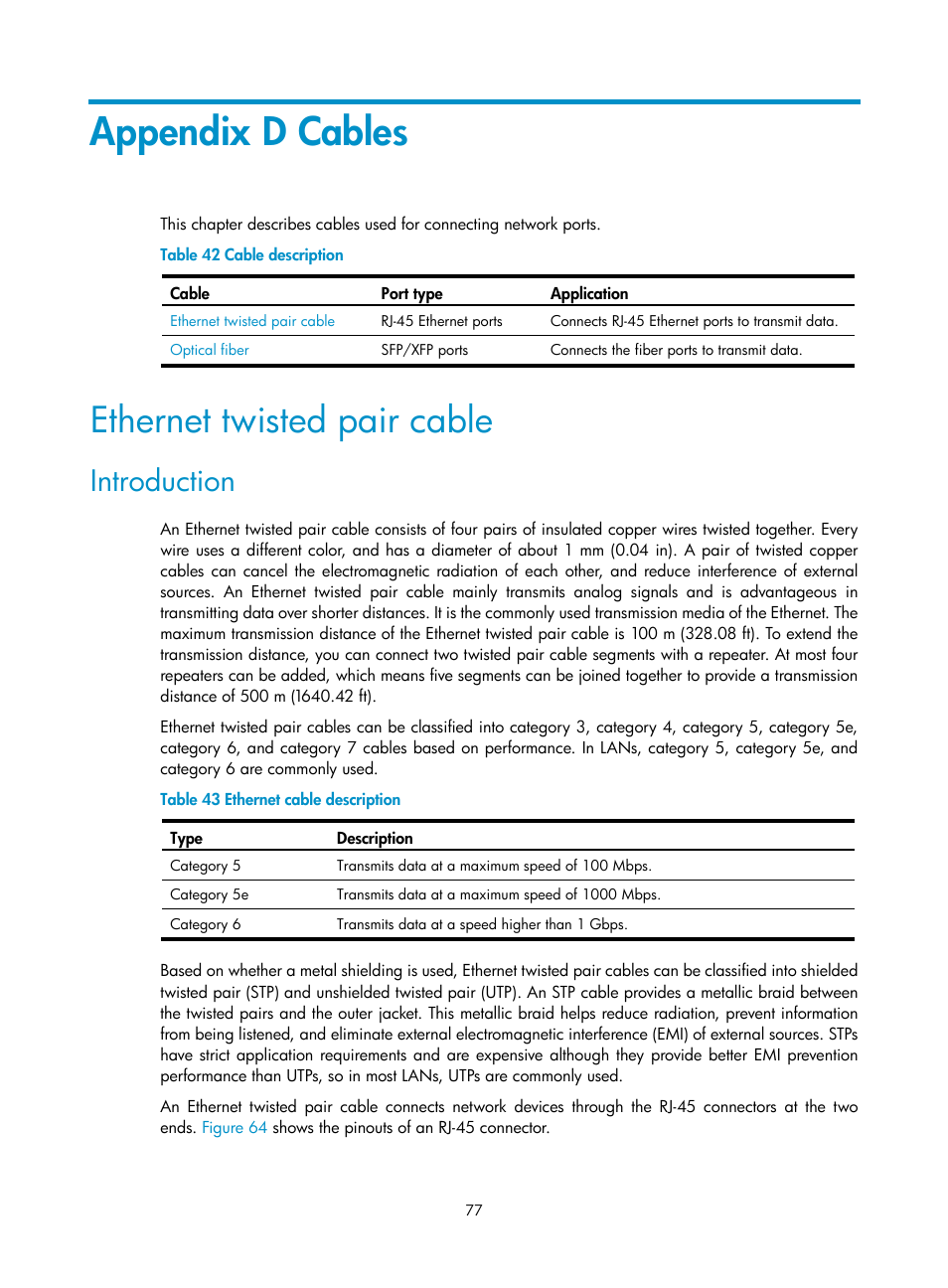 Appendix d cables, Ethernet twisted pair cable, Introduction | H3C Technologies H3C SecPath F1000-E User Manual | Page 85 / 95