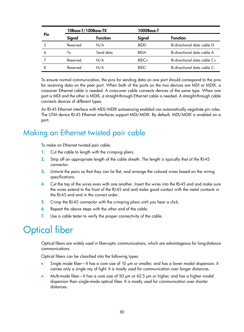 Making an ethernet twisted pair cable, Optical fiber | H3C Technologies H3C SecPath F1000-E User Manual | Page 88 / 95