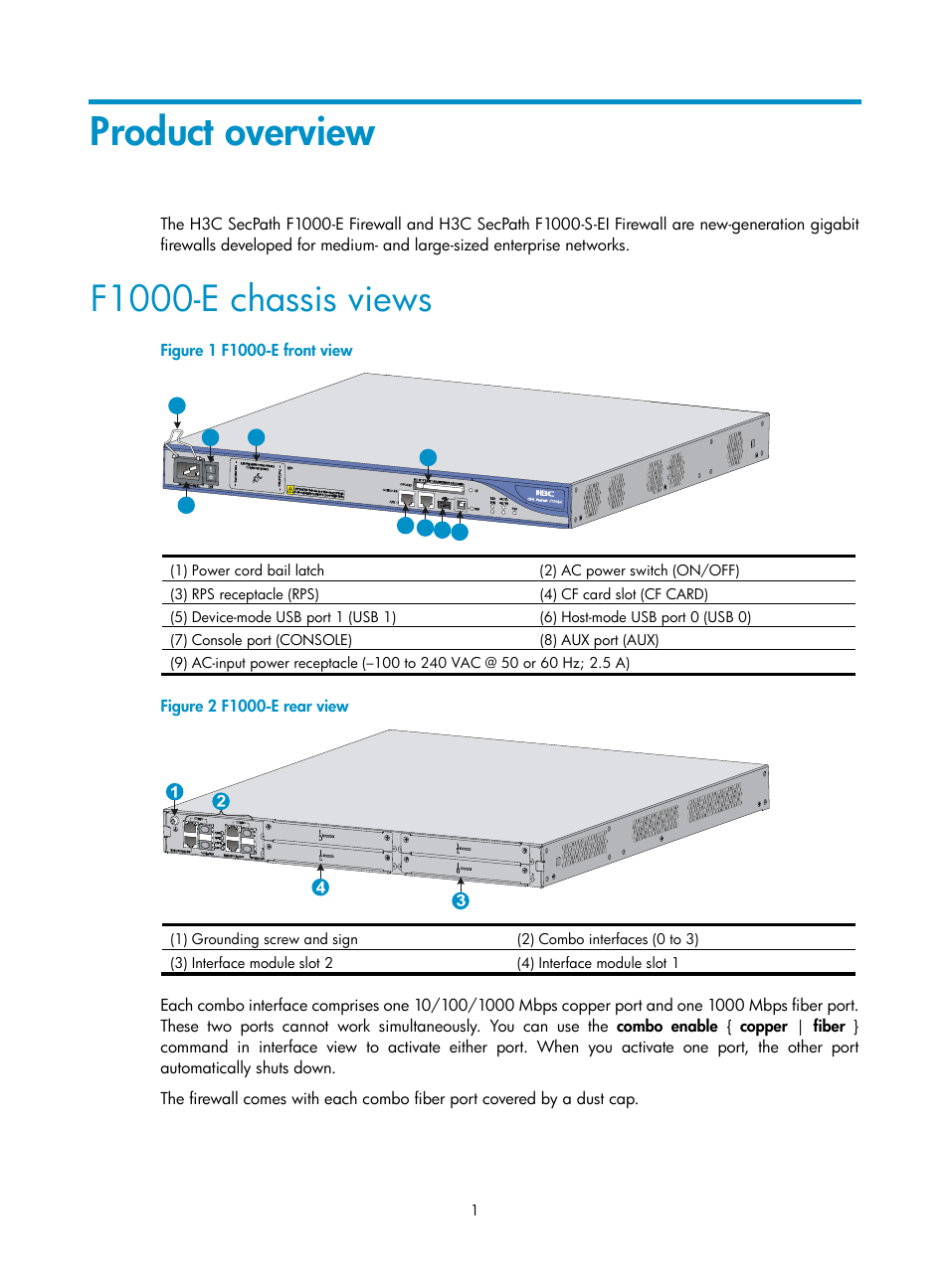 Product overview, F1000-e chassis views | H3C Technologies H3C SecPath F1000-E User Manual | Page 9 / 95