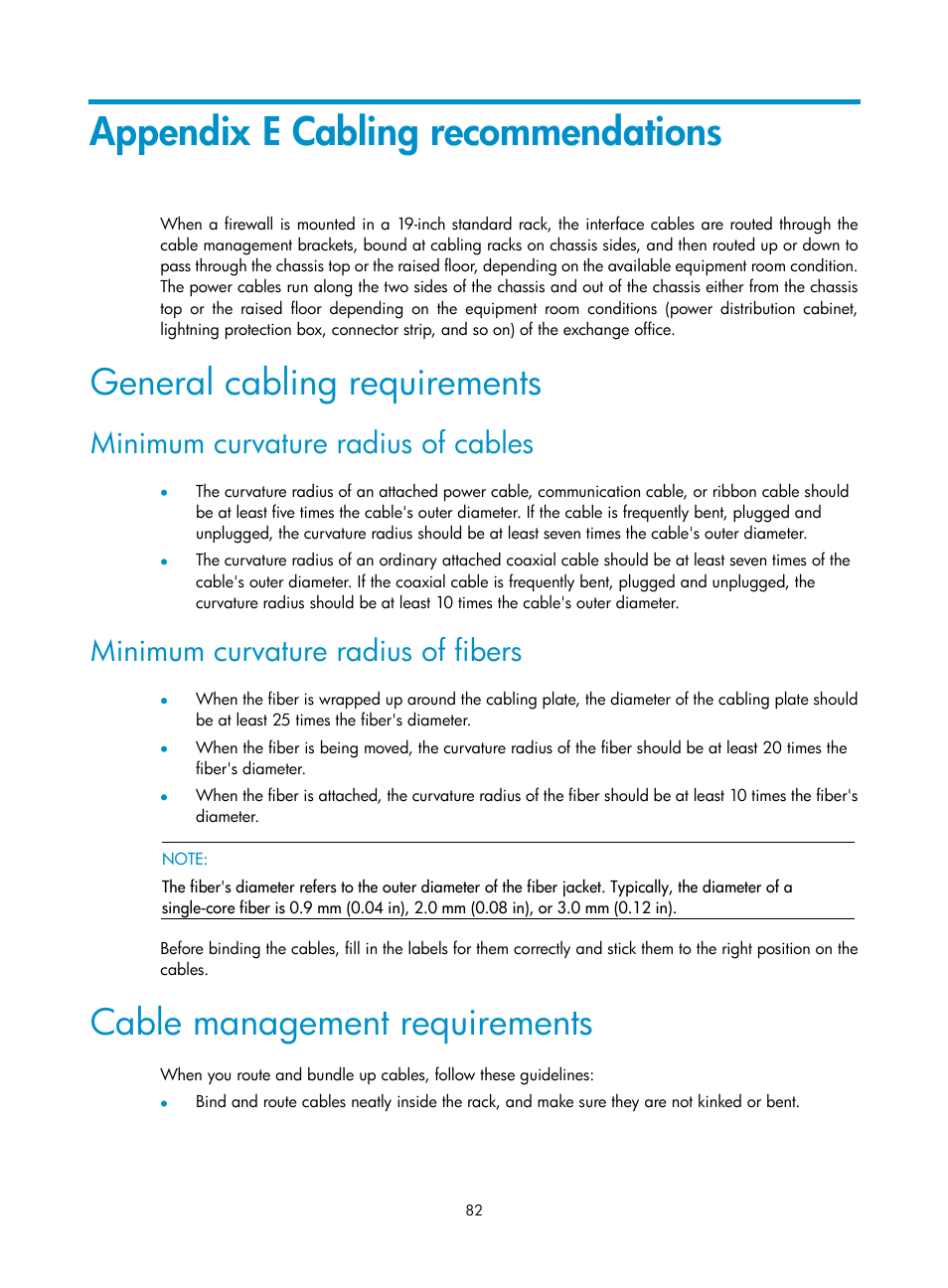 Appendix e cabling recommendations, General cabling requirements, Minimum curvature radius of cables | Minimum curvature radius of fibers, Cable management requirements | H3C Technologies H3C SecPath F1000-E User Manual | Page 90 / 95