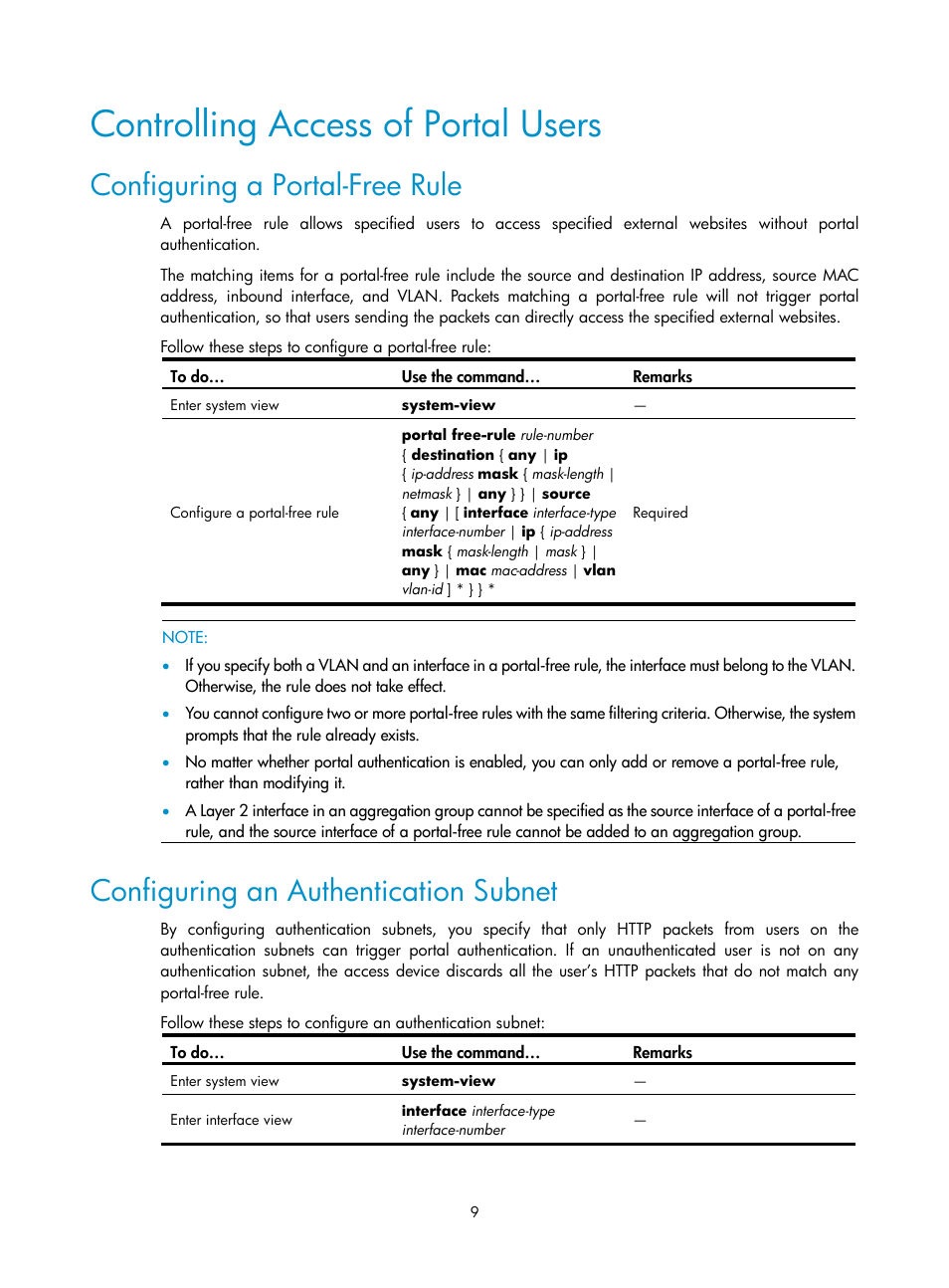 Controlling access of portal users, Configuring a portal-free rule, Configuring an authentication subnet | H3C Technologies H3C SecPath F1000-E User Manual | Page 10 / 182