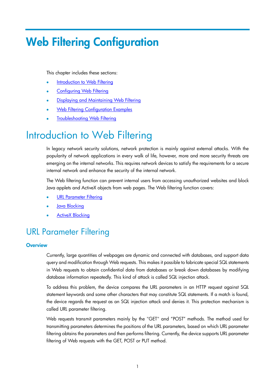 Web filtering configuration, Introduction to web filtering, Url parameter filtering | Overview | H3C Technologies H3C SecPath F1000-E User Manual | Page 100 / 182