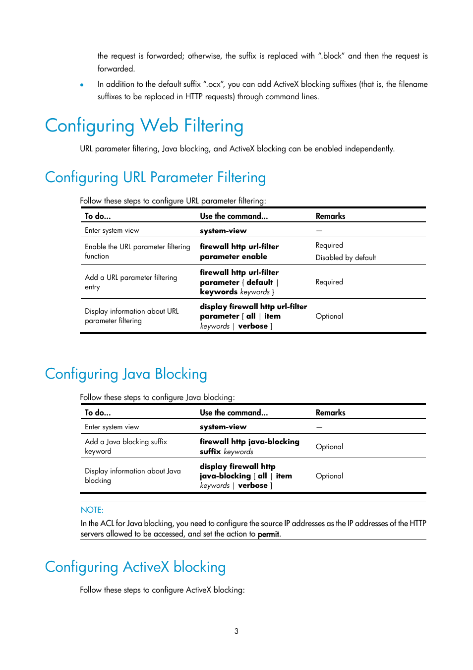 Configuring web filtering, Configuring url parameter filtering, Configuring java blocking | Configuring activex blocking | H3C Technologies H3C SecPath F1000-E User Manual | Page 102 / 182