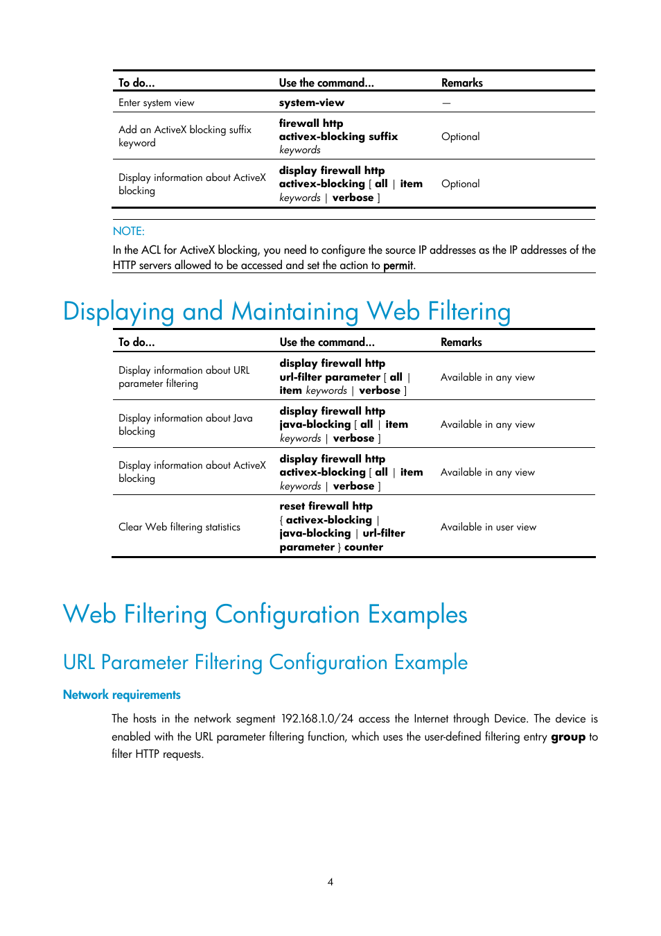 Displaying and maintaining web filtering, Web filtering configuration examples, Url parameter filtering configuration example | Network requirements | H3C Technologies H3C SecPath F1000-E User Manual | Page 103 / 182