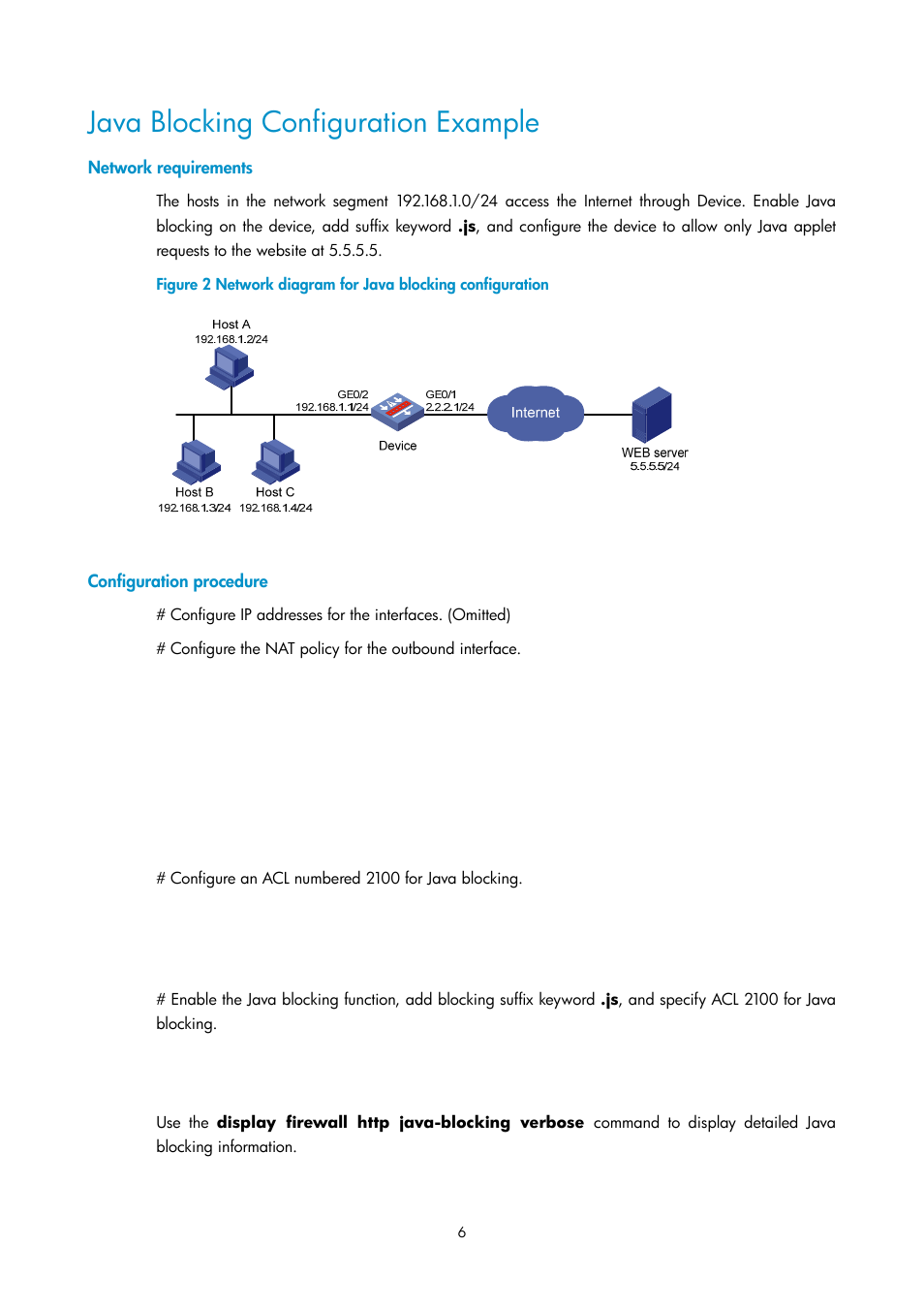 Java blocking configuration example, Network requirements, Configuration procedure | H3C Technologies H3C SecPath F1000-E User Manual | Page 105 / 182