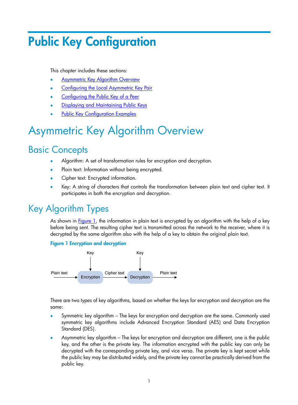 Public key configuration, Asymmetric key algorithm overview, Basic concepts | Key algorithm types | H3C Technologies H3C SecPath F1000-E User Manual | Page 109 / 182