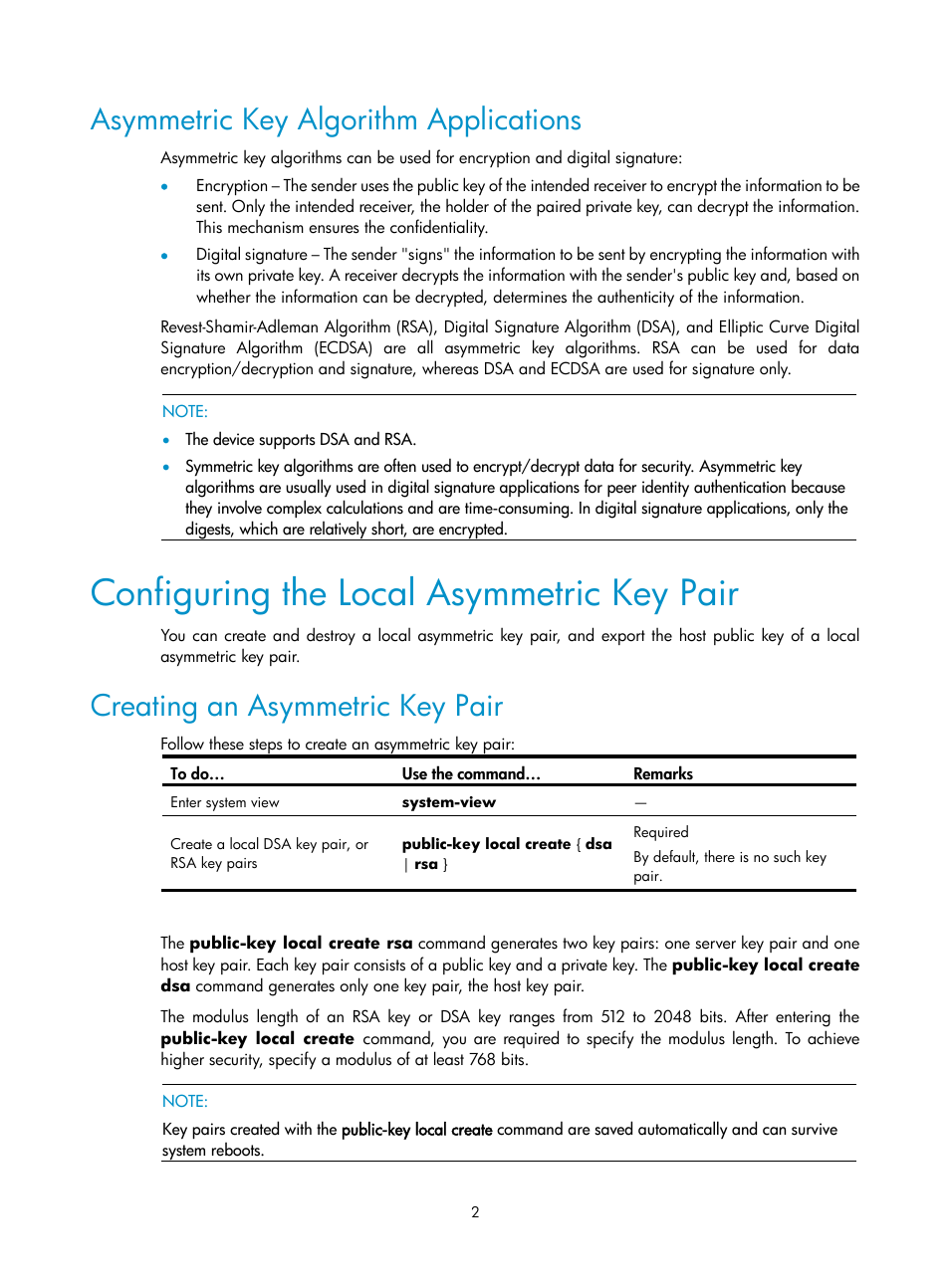 Asymmetric key algorithm applications, Configuring the local asymmetric key pair, Creating an asymmetric key pair | H3C Technologies H3C SecPath F1000-E User Manual | Page 110 / 182