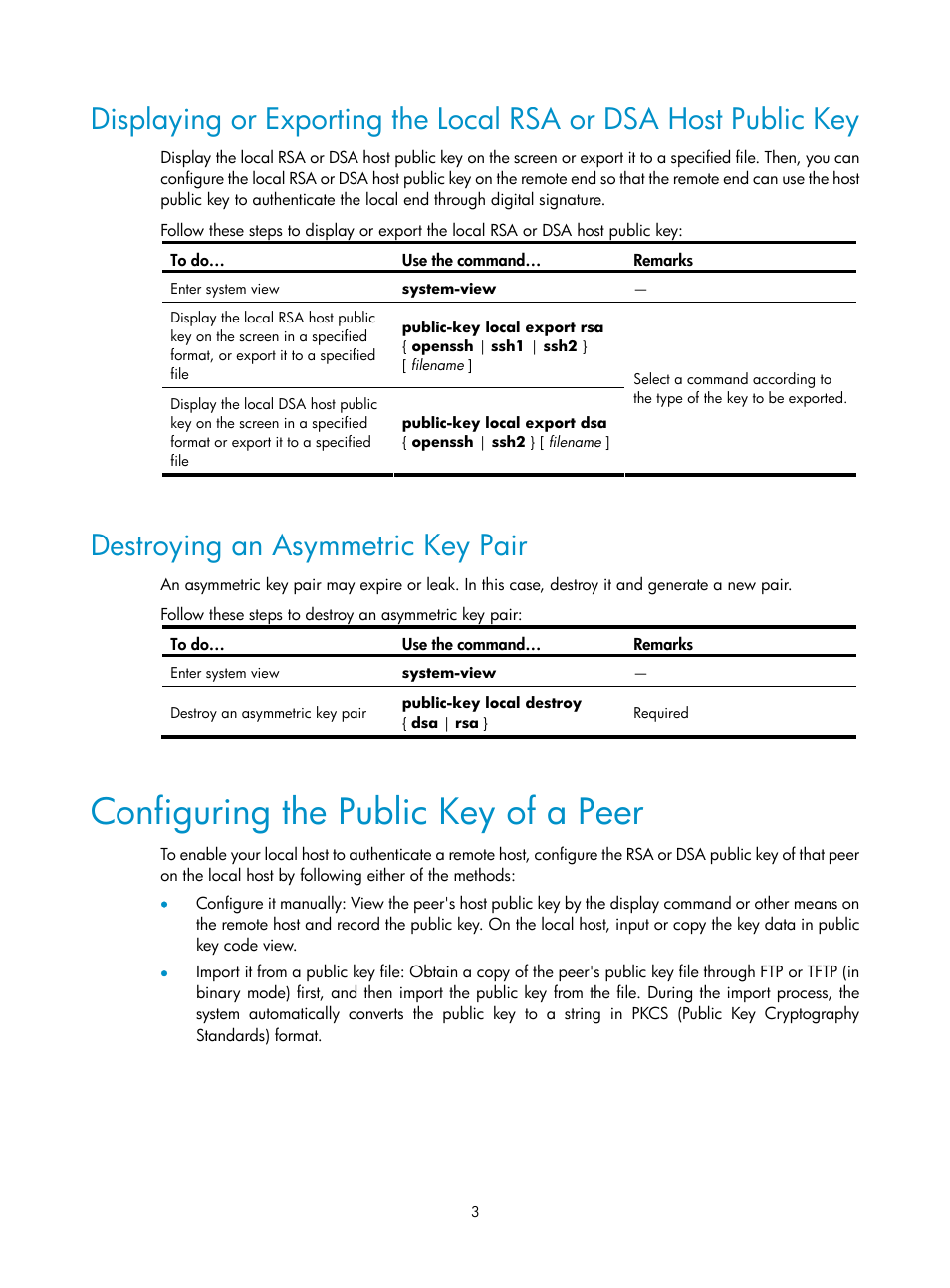 Destroying an asymmetric key pair, Configuring the public key of a peer | H3C Technologies H3C SecPath F1000-E User Manual | Page 111 / 182