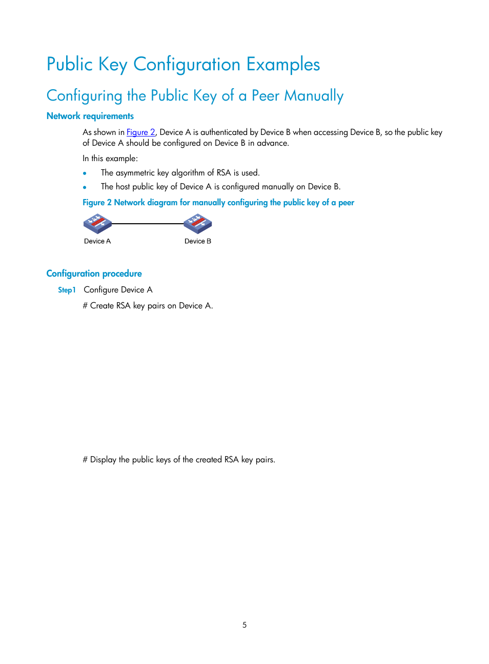 Public key configuration examples, Configuring the public key of a peer manually, Network requirements | Configuration procedure | H3C Technologies H3C SecPath F1000-E User Manual | Page 113 / 182