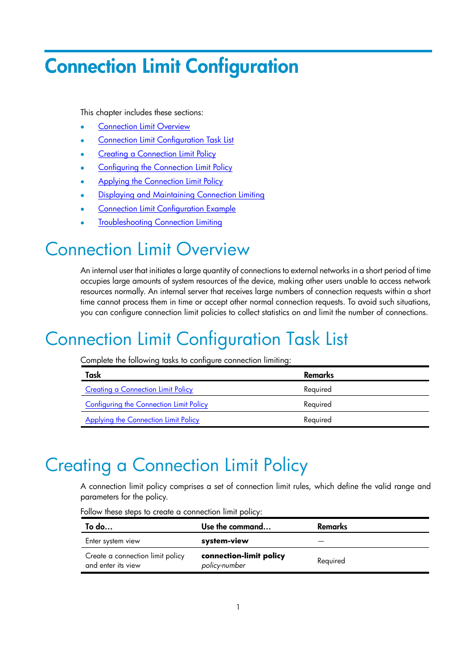 Connection limit configuration, Connection limit overview, Connection limit configuration task list | Creating a connection limit policy | H3C Technologies H3C SecPath F1000-E User Manual | Page 118 / 182
