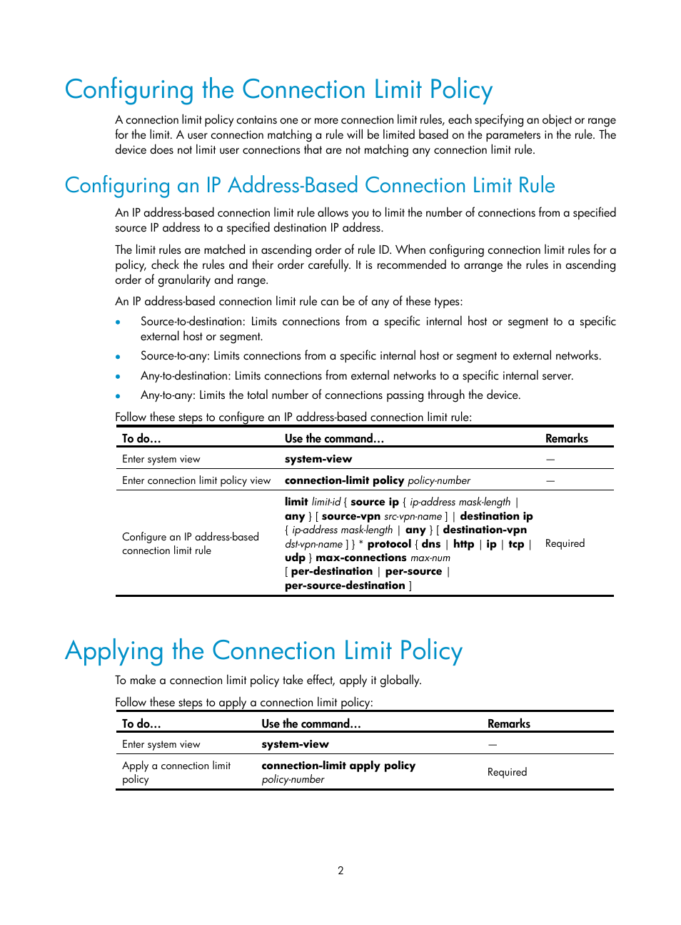 Configuring the connection limit policy, Applying the connection limit policy | H3C Technologies H3C SecPath F1000-E User Manual | Page 119 / 182