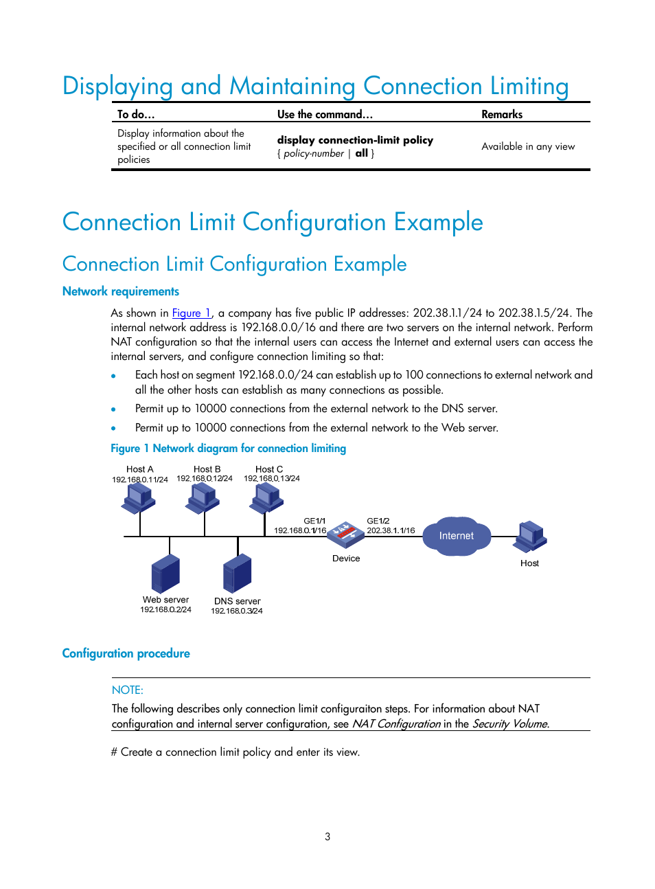 Displaying and maintaining connection limiting, Connection limit configuration example, Network requirements | Configuration procedure | H3C Technologies H3C SecPath F1000-E User Manual | Page 120 / 182