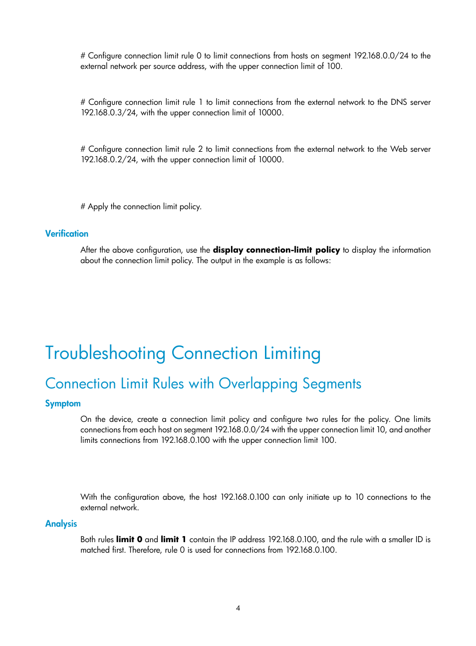 Verification, Troubleshooting connection limiting, Connection limit rules with overlapping segments | Symptom, Analysis | H3C Technologies H3C SecPath F1000-E User Manual | Page 121 / 182