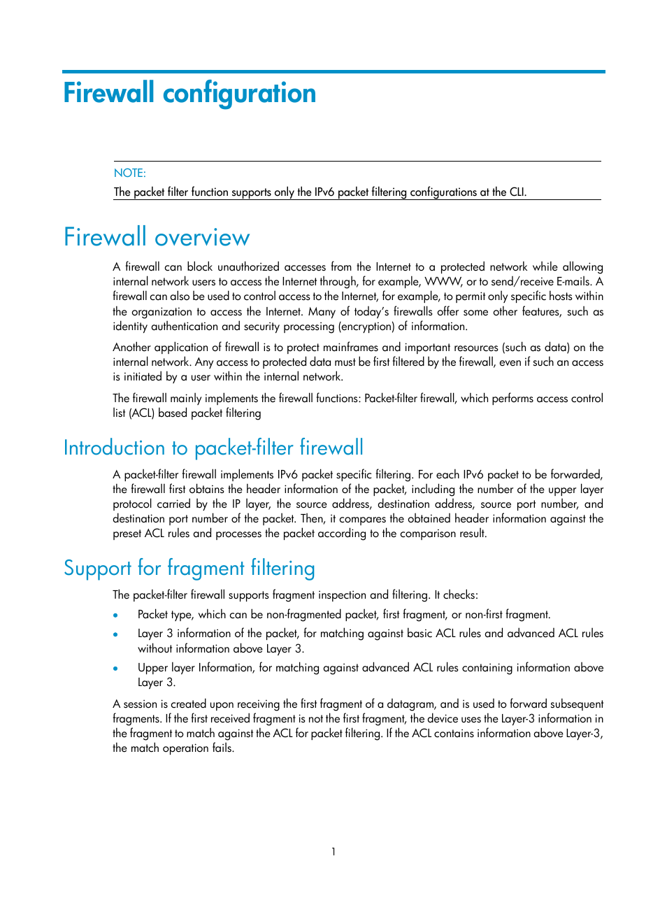 Firewall configuration, Firewall overview, Introduction to packet-filter firewall | Support for fragment filtering | H3C Technologies H3C SecPath F1000-E User Manual | Page 124 / 182