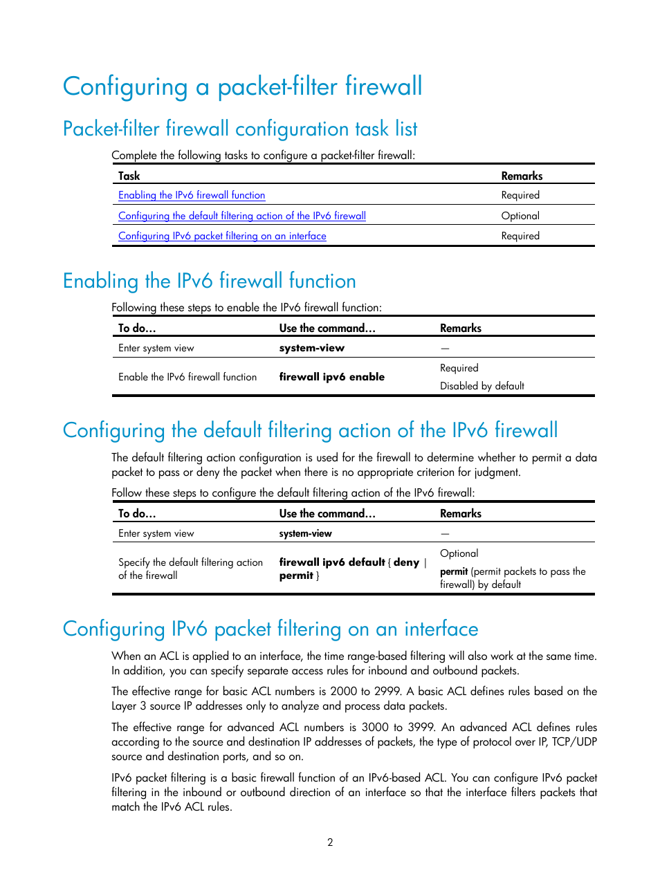 Configuring a packet-filter firewall, Packet-filter firewall configuration task list, Enabling the ipv6 firewall function | Configuring ipv6 packet filtering on an interface | H3C Technologies H3C SecPath F1000-E User Manual | Page 125 / 182