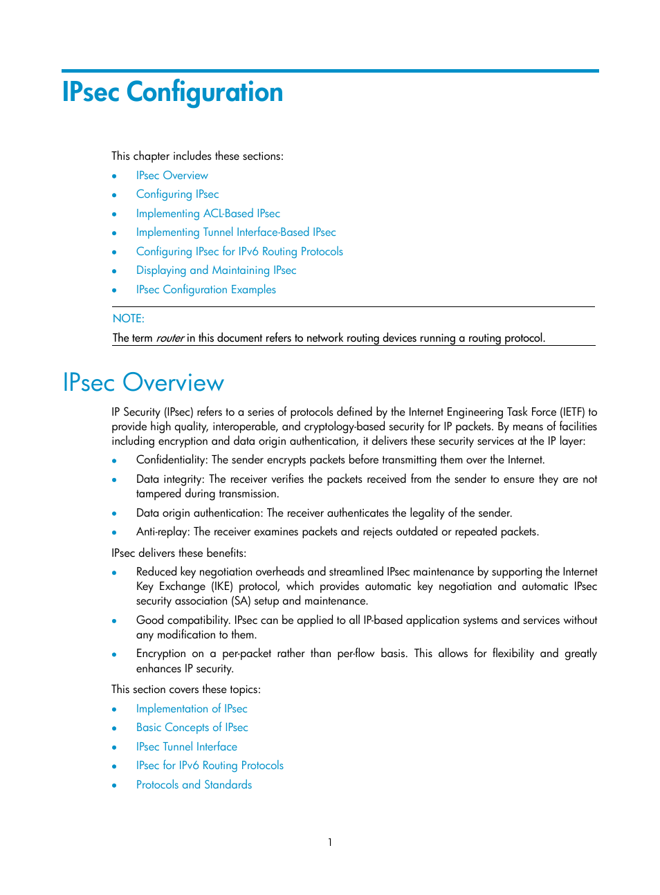 Ipsec configuration, Ipsec overview | H3C Technologies H3C SecPath F1000-E User Manual | Page 129 / 182