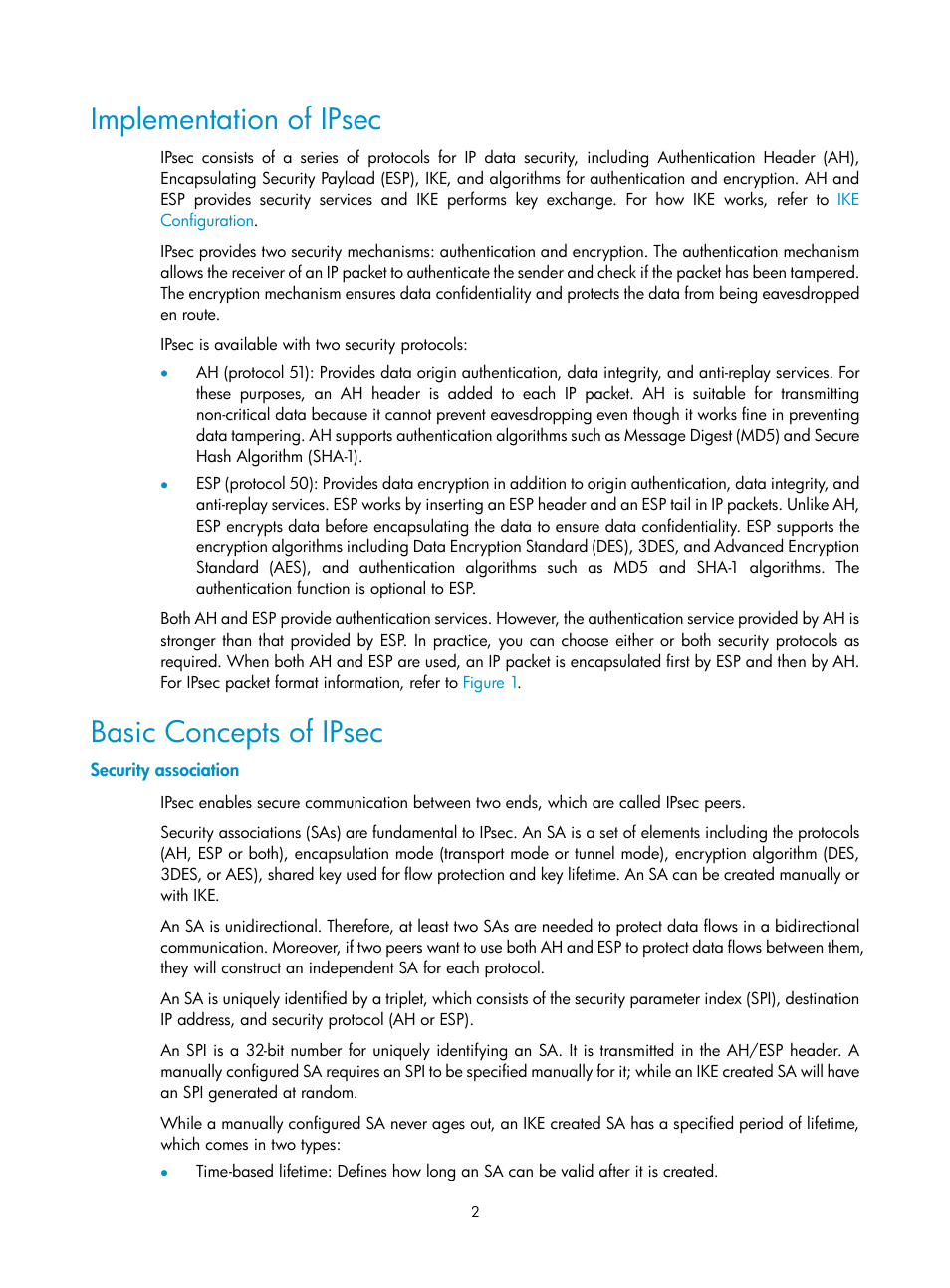 Implementation of ipsec, Basic concepts of ipsec, Security association | H3C Technologies H3C SecPath F1000-E User Manual | Page 130 / 182