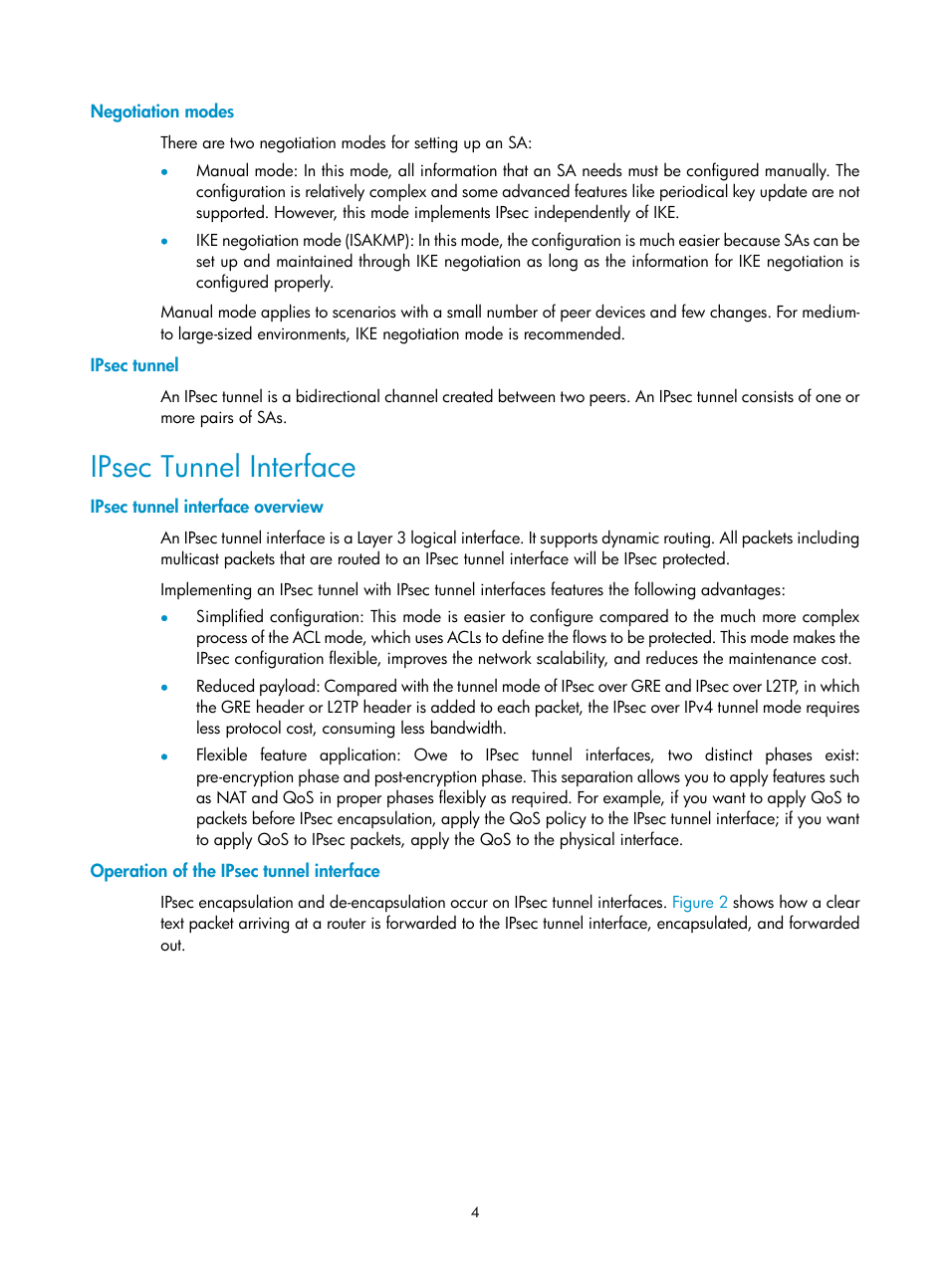 Negotiation modes, Ipsec tunnel, Ipsec tunnel interface | Ipsec tunnel interface overview, Operation of the ipsec tunnel interface | H3C Technologies H3C SecPath F1000-E User Manual | Page 132 / 182