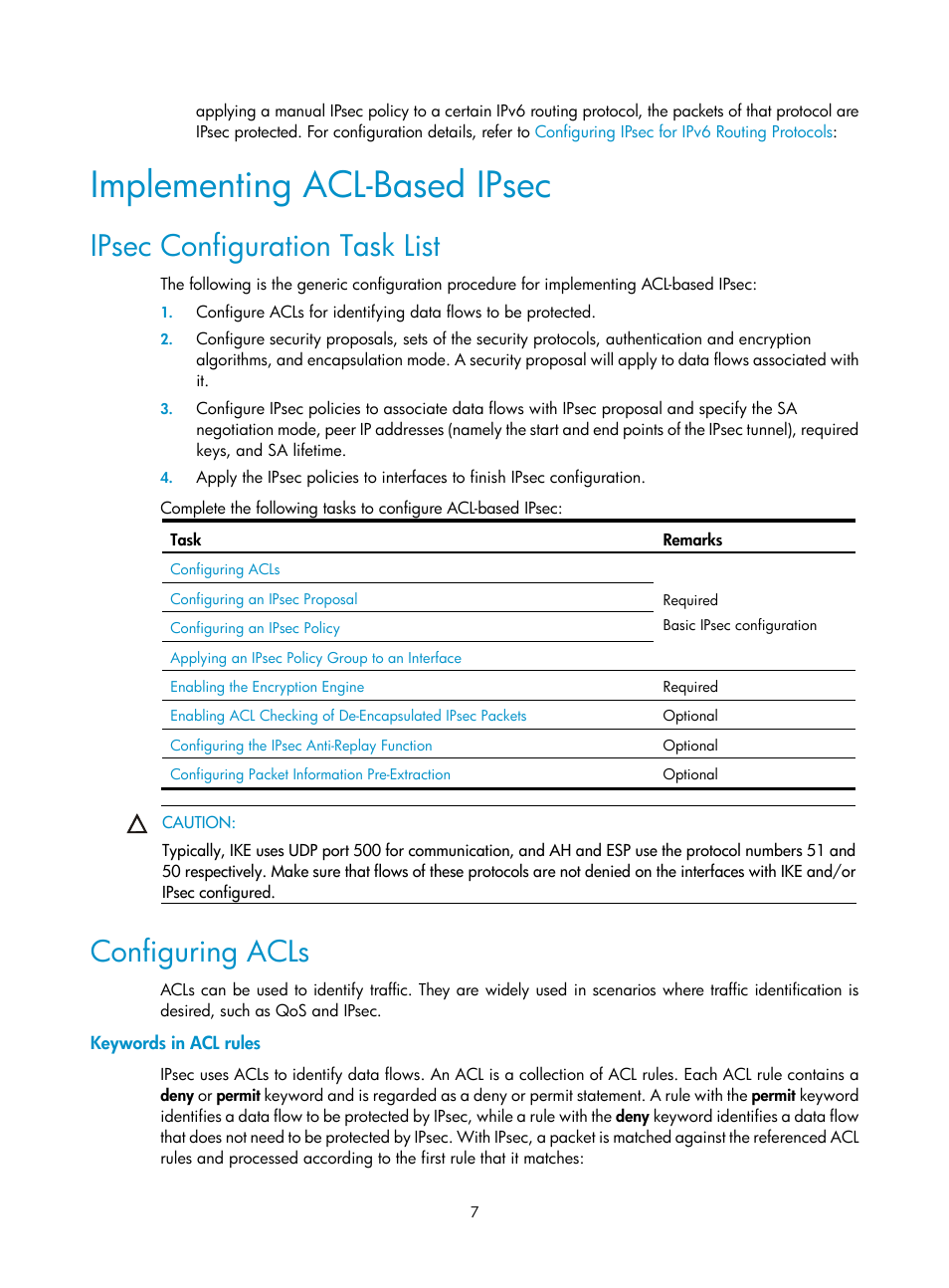 Implementing acl-based ipsec, Ipsec configuration task list, Configuring acls | Keywords in acl rules | H3C Technologies H3C SecPath F1000-E User Manual | Page 135 / 182