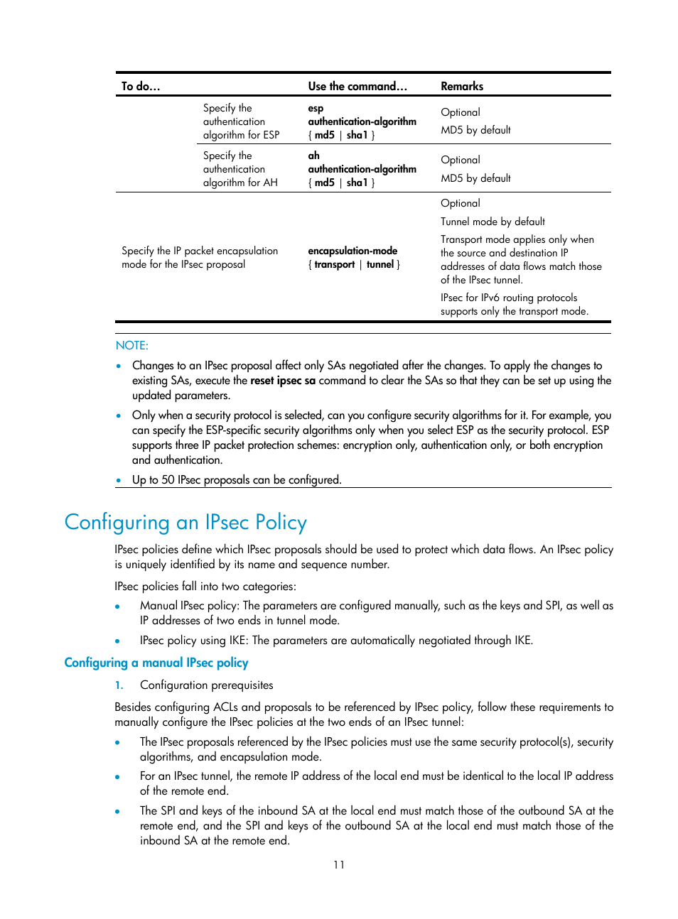 Configuring an ipsec policy, Configuring a manual ipsec policy | H3C Technologies H3C SecPath F1000-E User Manual | Page 139 / 182