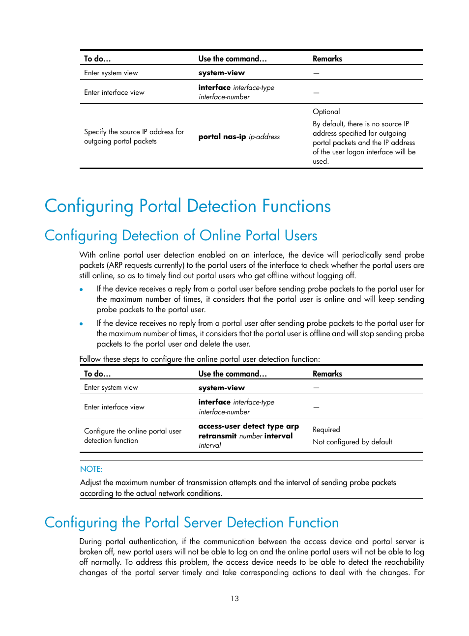 Configuring portal detection functions, Configuring detection of online portal users, Configuring the portal server detection function | Configuring portal detection, Functions | H3C Technologies H3C SecPath F1000-E User Manual | Page 14 / 182