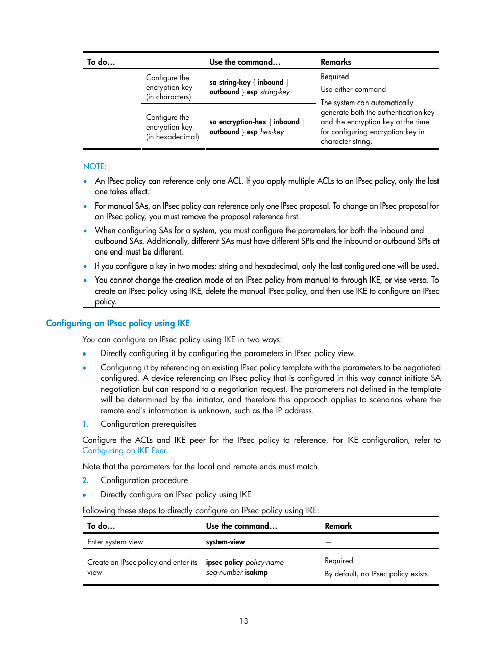 Configuring an ipsec policy using ike | H3C Technologies H3C SecPath F1000-E User Manual | Page 141 / 182