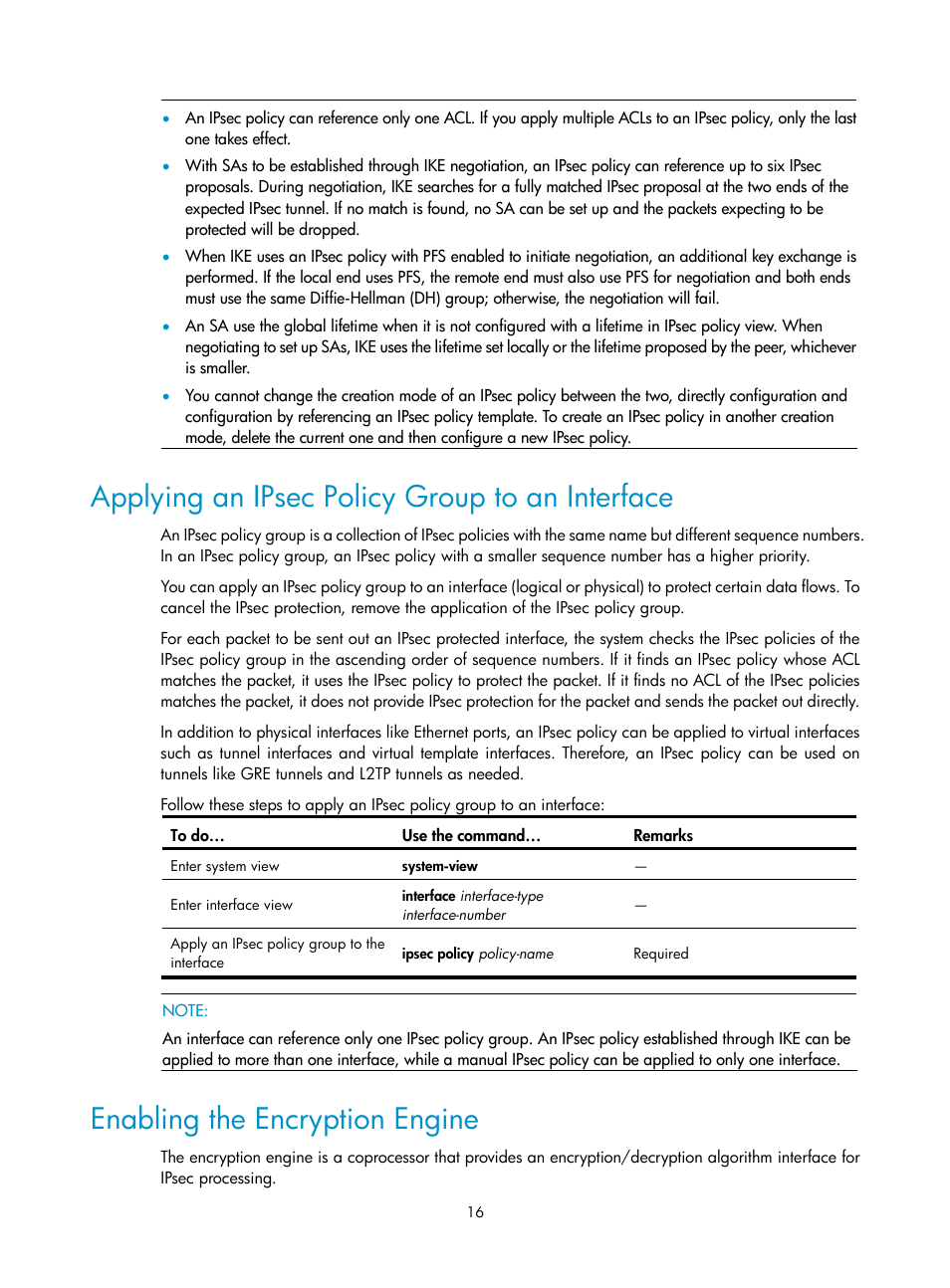 Applying an ipsec policy group to an interface, Enabling the encryption engine | H3C Technologies H3C SecPath F1000-E User Manual | Page 144 / 182