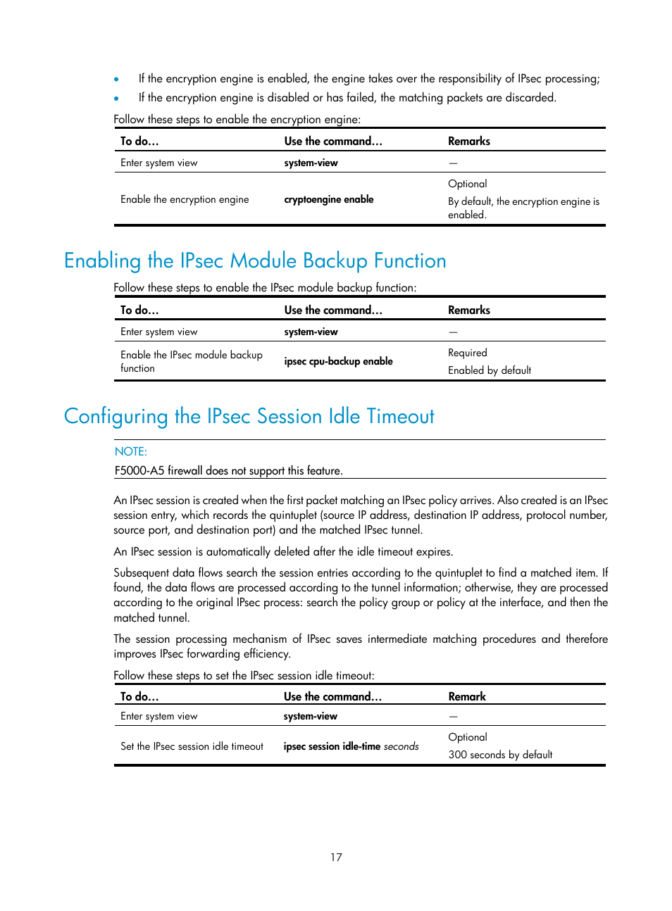 Enabling the ipsec module backup function, Configuring the ipsec session idle timeout | H3C Technologies H3C SecPath F1000-E User Manual | Page 145 / 182