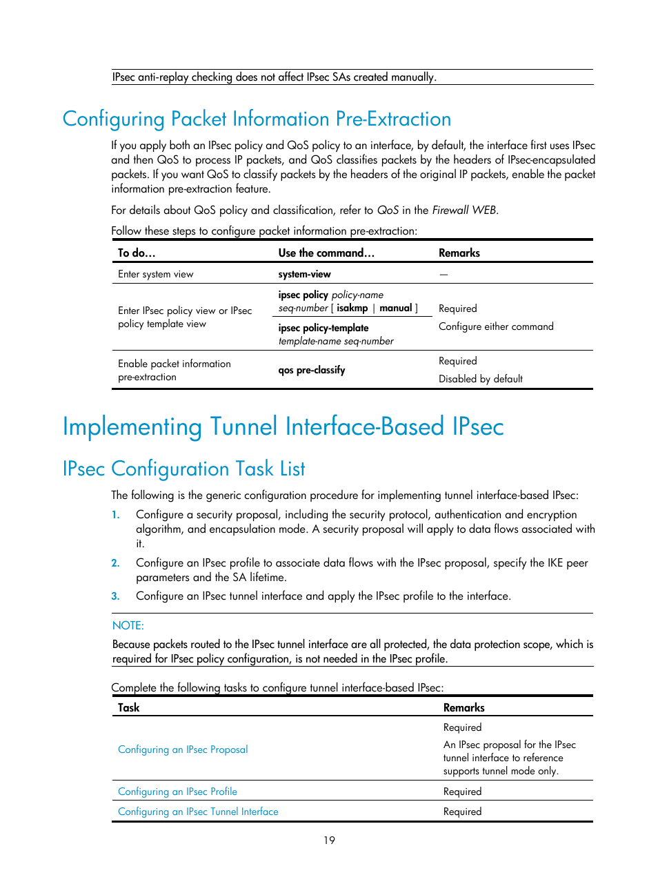 Configuring packet information pre-extraction, Implementing tunnel interface-based ipsec, Ipsec configuration task list | H3C Technologies H3C SecPath F1000-E User Manual | Page 147 / 182
