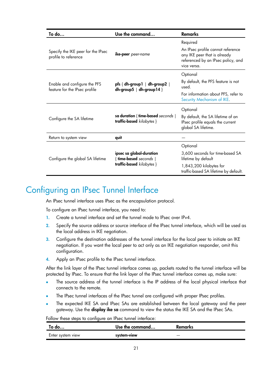 Configuring an ipsec tunnel interface | H3C Technologies H3C SecPath F1000-E User Manual | Page 149 / 182