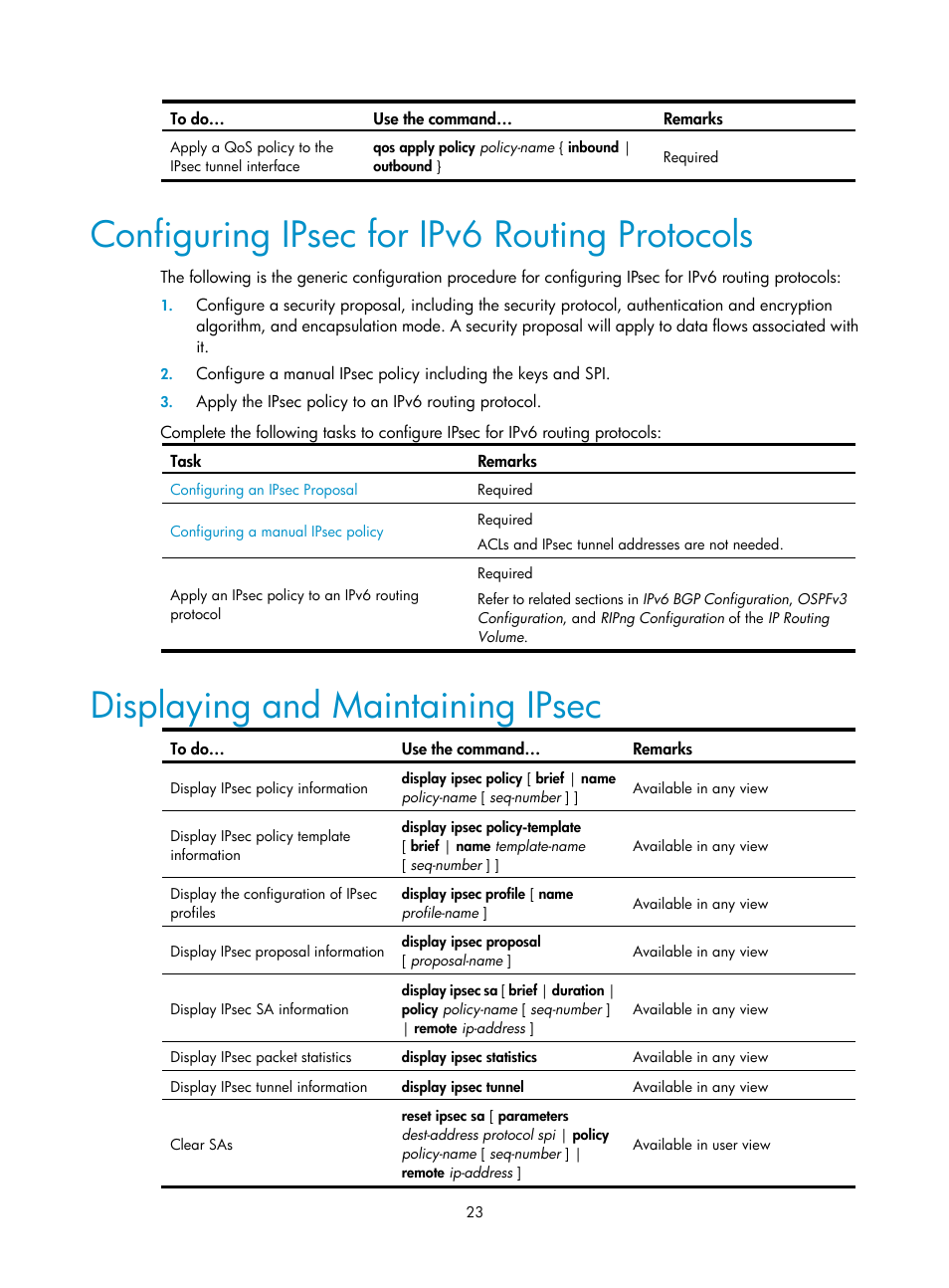 Configuring ipsec for ipv6 routing protocols, Displaying and maintaining ipsec | H3C Technologies H3C SecPath F1000-E User Manual | Page 151 / 182