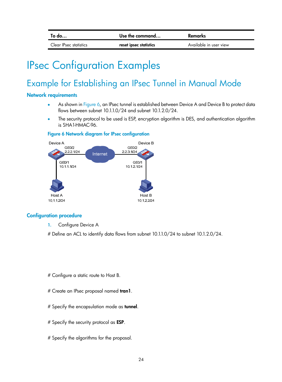 Ipsec configuration examples, Network requirements, Configuration procedure | H3C Technologies H3C SecPath F1000-E User Manual | Page 152 / 182