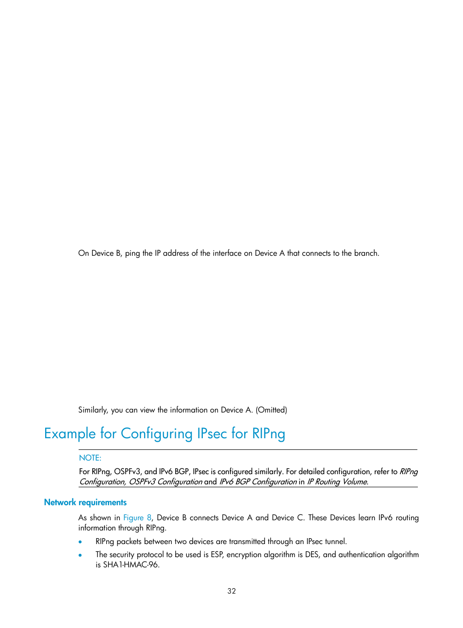 Example for configuring ipsec for ripng, Network requirements | H3C Technologies H3C SecPath F1000-E User Manual | Page 160 / 182