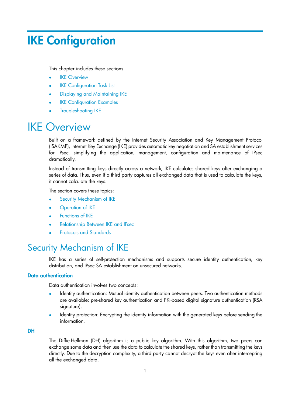 Ike configuration, Ike overview, Security mechanism of ike | Data authentication, Configuration | H3C Technologies H3C SecPath F1000-E User Manual | Page 165 / 182