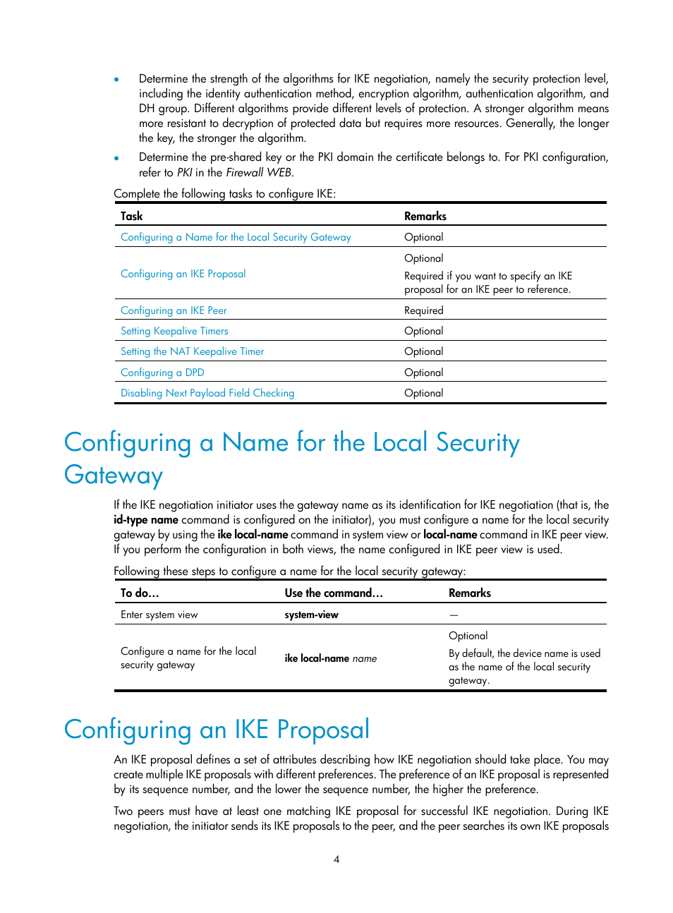 Configuring a name for the local security gateway, Configuring an ike proposal | H3C Technologies H3C SecPath F1000-E User Manual | Page 168 / 182