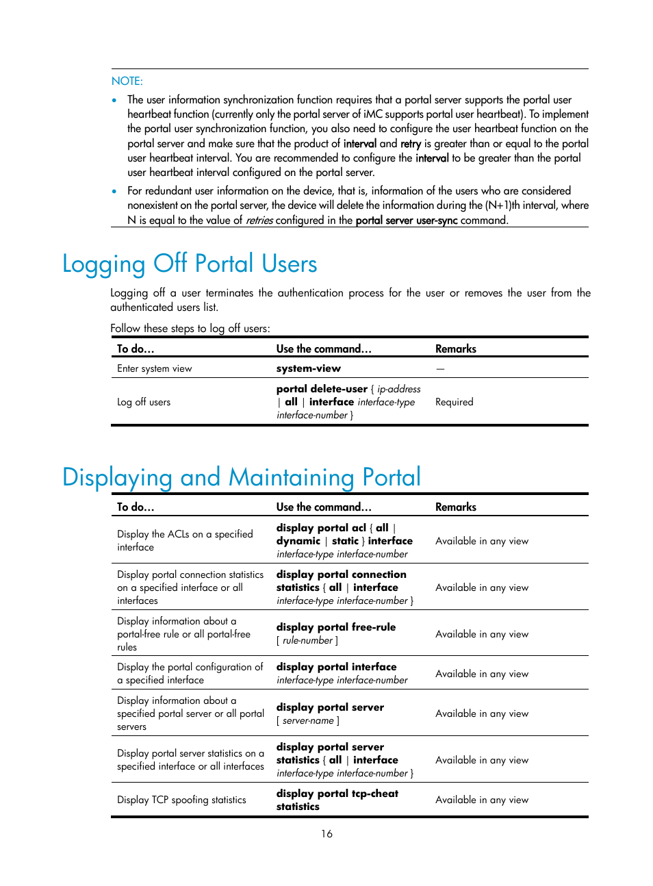 Logging off portal users, Displaying and maintaining portal | H3C Technologies H3C SecPath F1000-E User Manual | Page 17 / 182