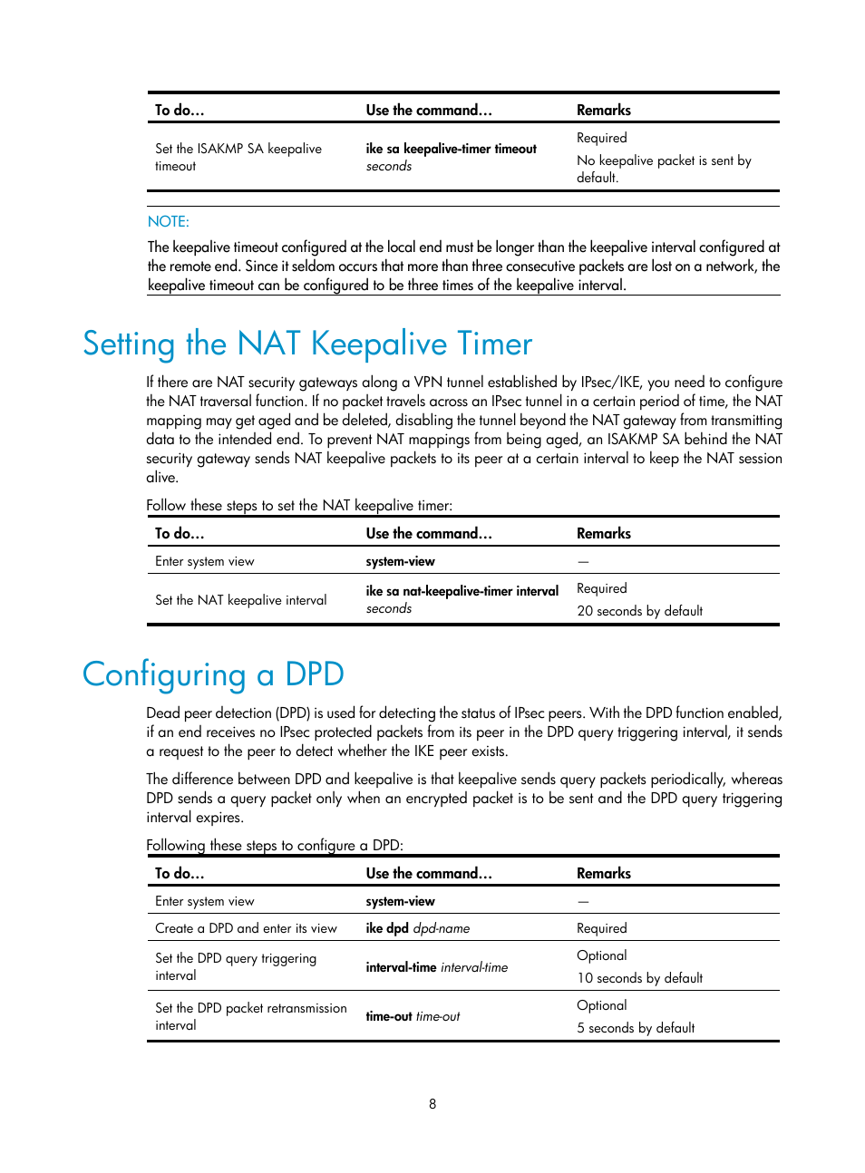 Setting the nat keepalive timer, Configuring a dpd | H3C Technologies H3C SecPath F1000-E User Manual | Page 172 / 182