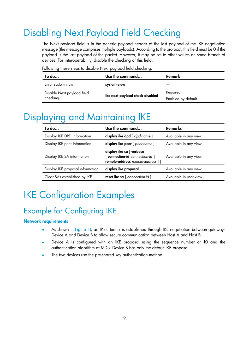 Disabling next payload field checking, Displaying and maintaining ike, Ike configuration examples | Example for configuring ike, Network requirements | H3C Technologies H3C SecPath F1000-E User Manual | Page 173 / 182
