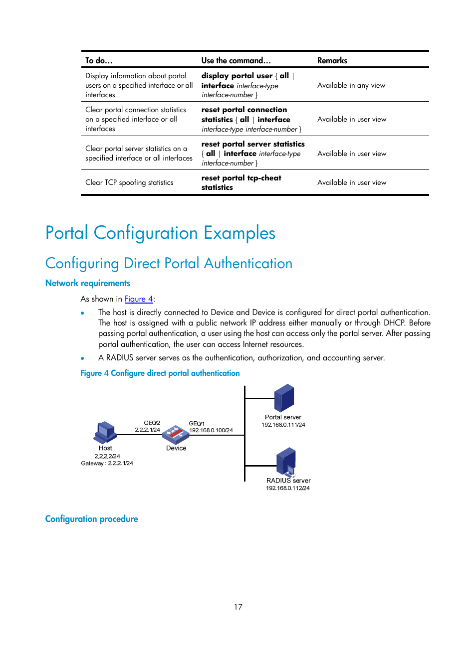 Portal configuration examples, Configuring direct portal authentication, Network requirements | Configuration procedure | H3C Technologies H3C SecPath F1000-E User Manual | Page 18 / 182