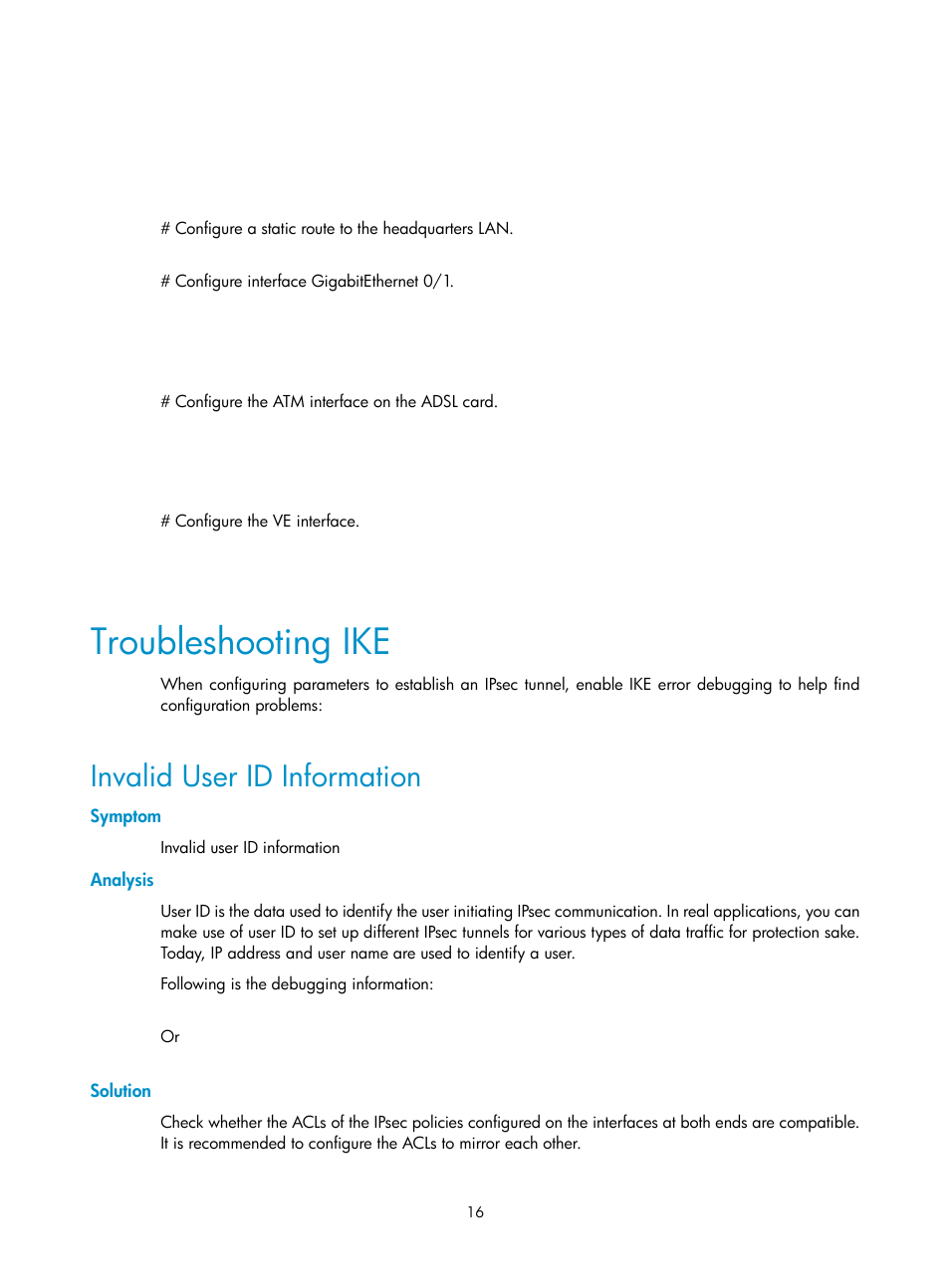 Troubleshooting ike, Invalid user id information, Symptom | Analysis, Solution | H3C Technologies H3C SecPath F1000-E User Manual | Page 180 / 182