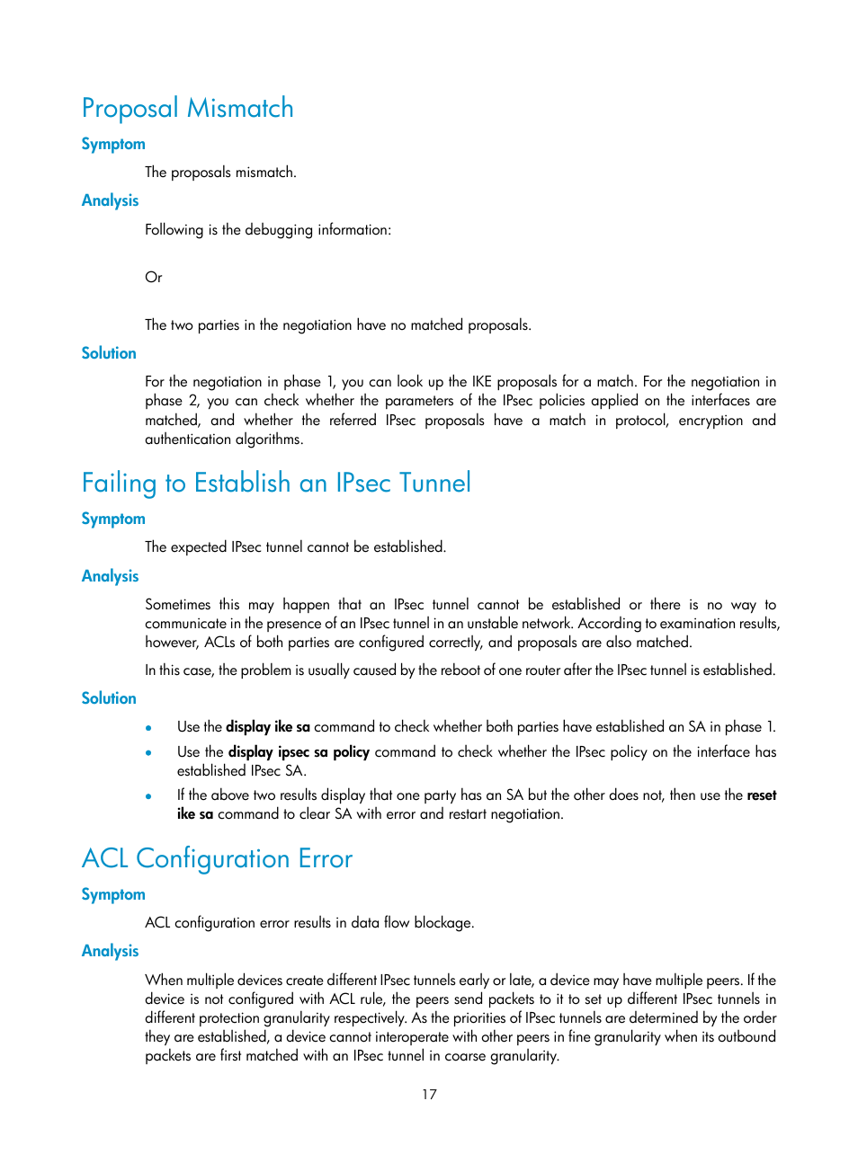 Proposal mismatch, Symptom, Analysis | Solution, Failing to establish an ipsec tunnel, Acl configuration error | H3C Technologies H3C SecPath F1000-E User Manual | Page 181 / 182