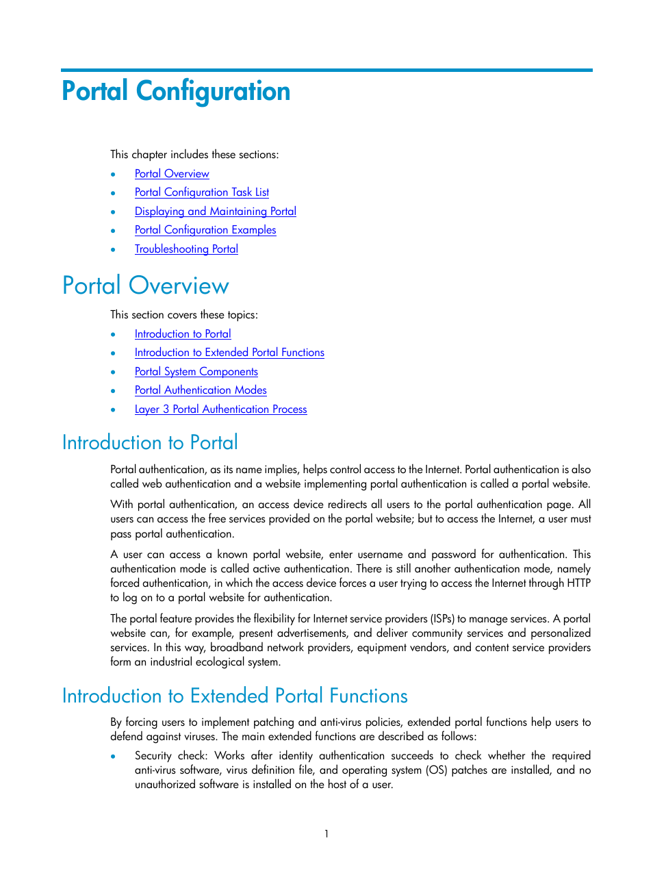 Portal configuration, Portal overview, Introduction to portal | Introduction to extended portal functions | H3C Technologies H3C SecPath F1000-E User Manual | Page 2 / 182