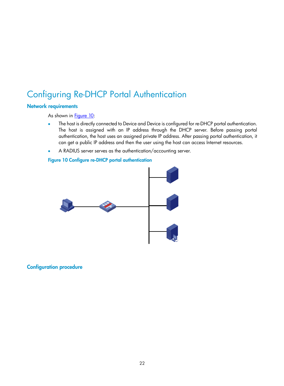 Configuring re-dhcp portal authentication, Network requirements, Configuration procedure | H3C Technologies H3C SecPath F1000-E User Manual | Page 23 / 182